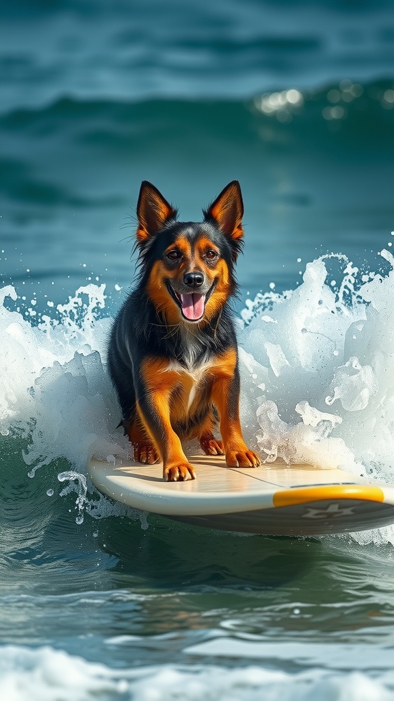 A happy dog surfing on a wave, enjoying the ocean adventure.