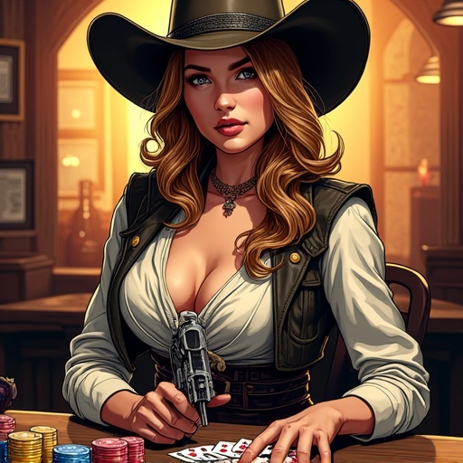 Portrait of a confident Western cowgirl gambler. Full-color comic book style. Features upper-body view with bold outlines and vibrant colors. Includes poker chips scattered and playing cards in hand. The expression is sly with a confident smirk. The wide-brimmed hat is tilted. A vintage revolver is holstered. The background is a saloon with warm amber glow. High contrast and dramatic shadows. Comic book halftone dots texture with detailed shading.