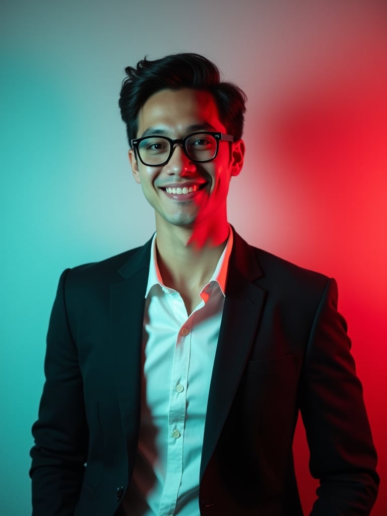 Young man with dark hair and confident smile. Dressed in black blazer over white shirt. Wearing glasses. Positioned against aqua backdrop with subtle red lighting. Posing for LinkedIn profile.