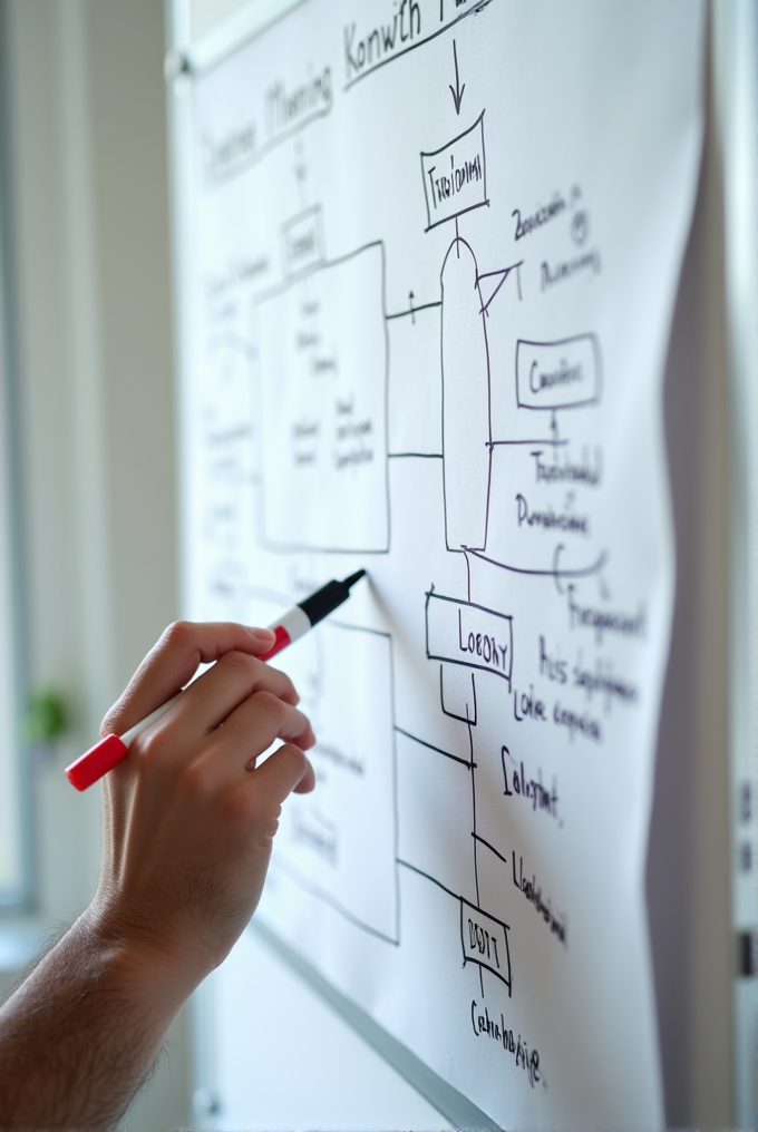 A detailed flowchart with handwritten notes on a paper, being pointed to by a hand holding a red marker.