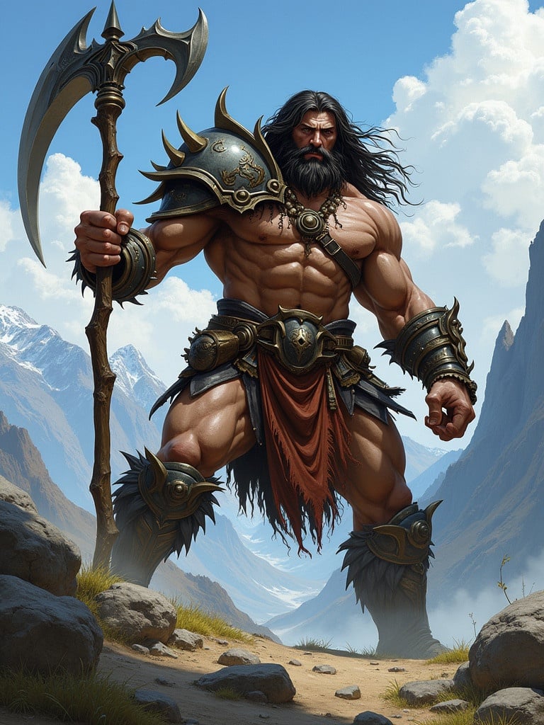 DND art featuring a large goliath fighter. Character is muscular with long hair. The fighter showcases battle gear and wields a large scythe. Background features a mountainous landscape.