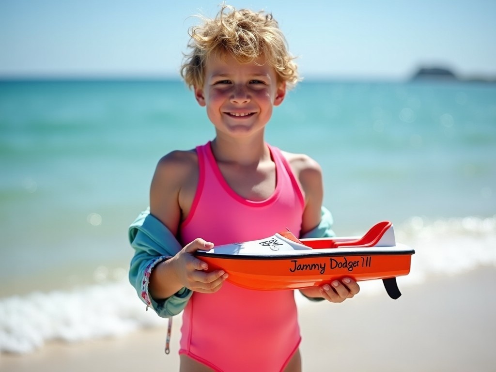 A cheerful 11-year-old boy stands on the beach wearing a bright pink one-piece swimsuit and a light jacket. He is holding a small boat called 'Jammy Dodger III.' The ocean sparkles in the background, reflecting the bright sunlight. This scene captures the essence of summer fun, evoking feelings of joy and playfulness. The boy's smile radiates happiness, showcasing a carefree day at the beach. The combination of bright colors in his attire and the boat make the image vibrant and inviting.