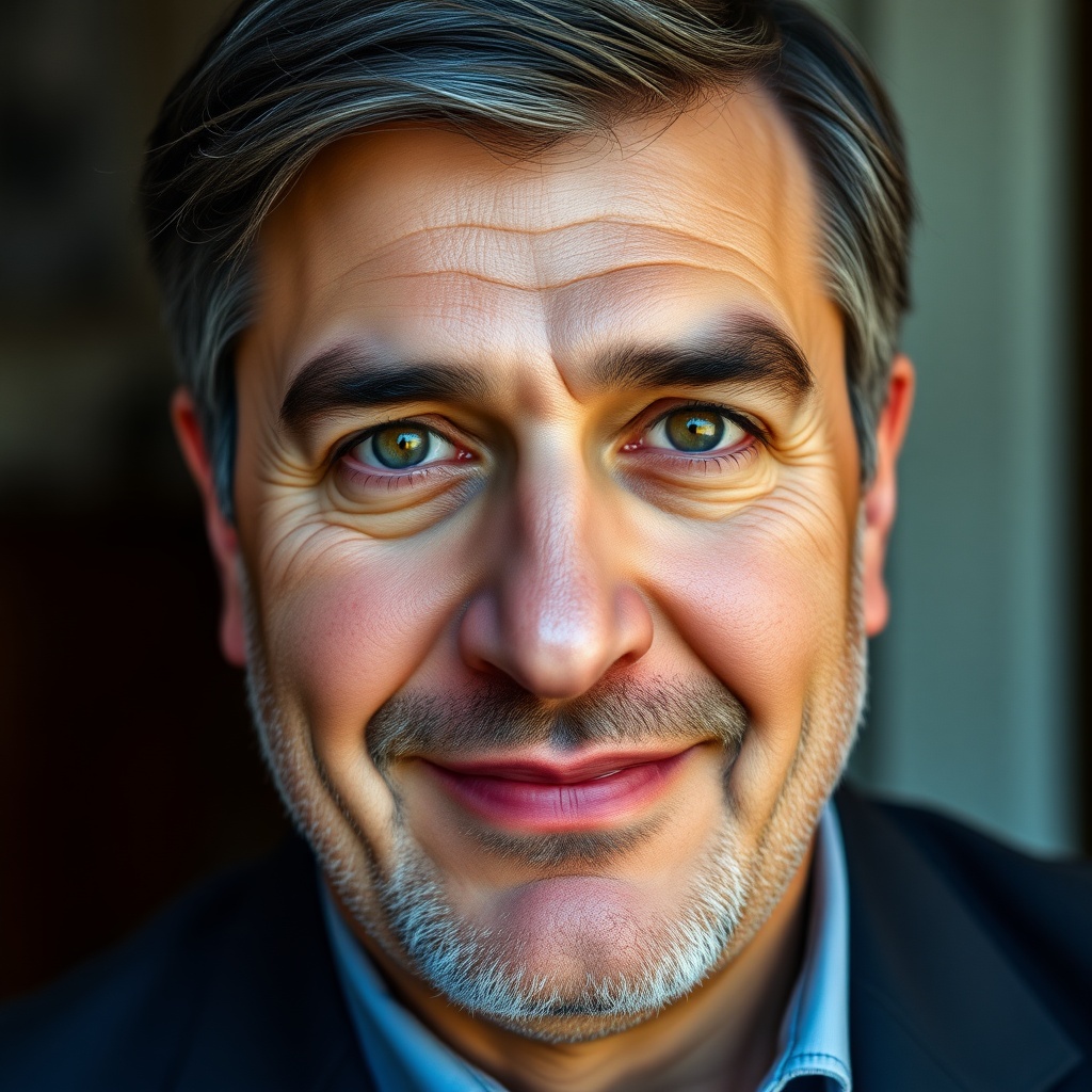 A detailed portrait of a middle-aged man with a friendly smile, showing facial wrinkles and short gray hair, in a natural, warm setting.