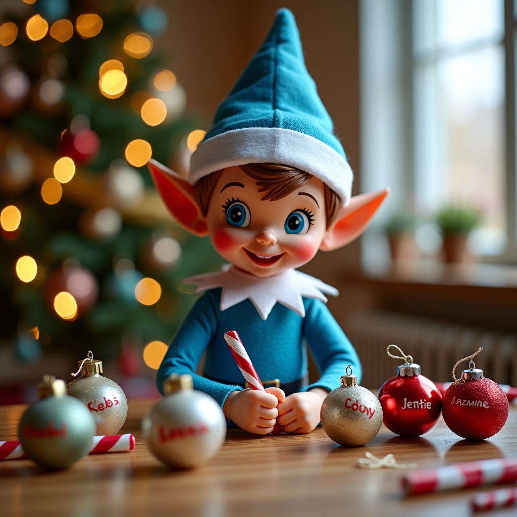 A charming Christmas elf is dressed in cheerful blue attire and is focused on writing names on decorative baubles. The elf has a playful expression and is seated at a wooden table surrounded by holiday decorations. In the background, a softly lit Christmas tree adorned with twinkling lights creates a festive backdrop. The elf holds a red and white candy cane, which adds to the joyful atmosphere. The names being written on the baubles include 'Kelsi', 'Coby', 'Lewis', 'Jazmine', and 'Lottie', making the scene feel personal and inviting for the holiday season.