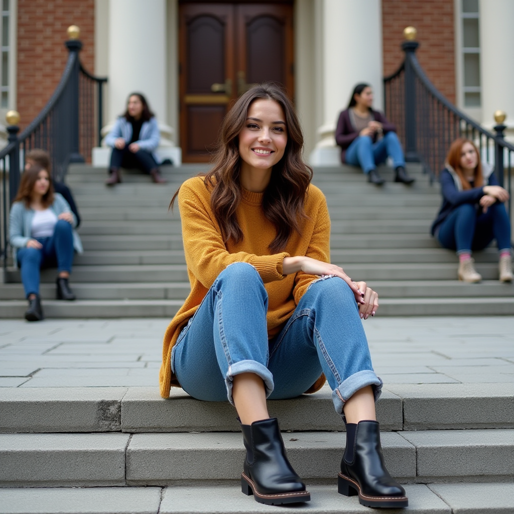 A group of friends casually sitting on steps in front of a building.