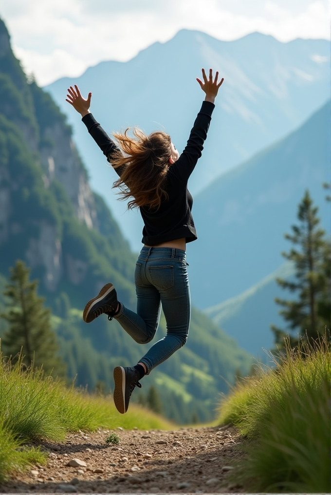 A person jumps joyfully on a rocky mountain path, surrounded by verdant alpine scenery and majestic peaks.