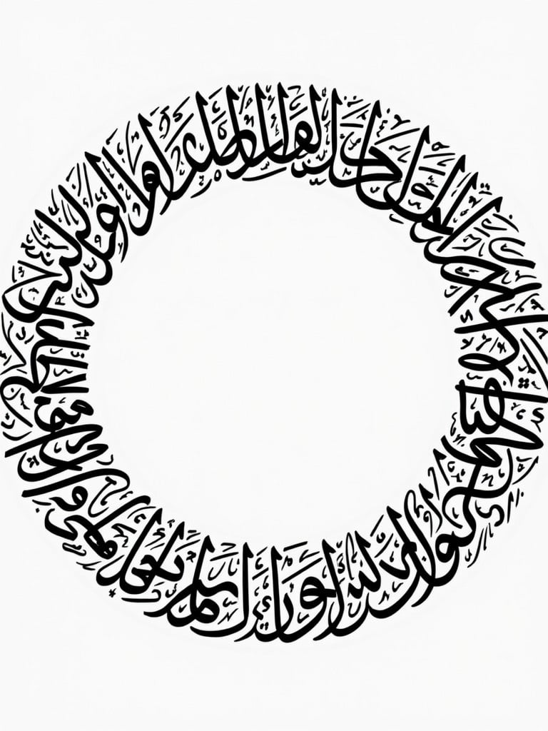 Handwritten Arabic calligraphy creates a circular shape. Design incorporates the phrase Nahjul Balaghah. Artwork occupies full space.