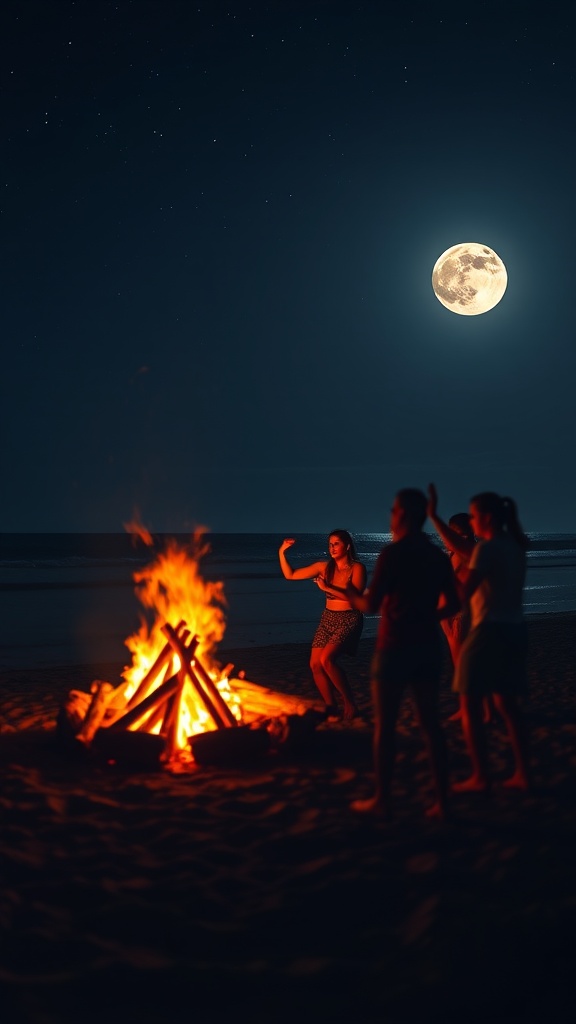 A group of friends gather around a crackling bonfire on a sandy beach under a bright full moon. The glow from the fire casts warm, flickering shadows on the people as they dance and enjoy the night. The sky is clear, scattered with tiny stars, creating an enchanting, serene atmosphere.