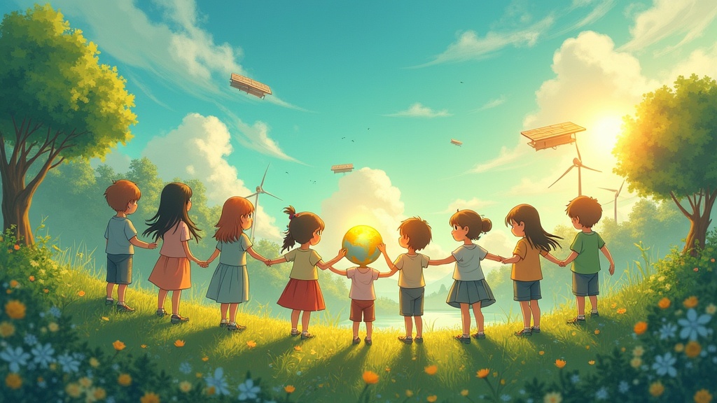 A vibrant Ghibli-style illustration. A group of diverse children holding glowing globes. Bright sky with wind turbines and solar panels. Lush greenery and futuristic eco-buildings in the background. The atmosphere is joyful, peaceful, and full of optimism.