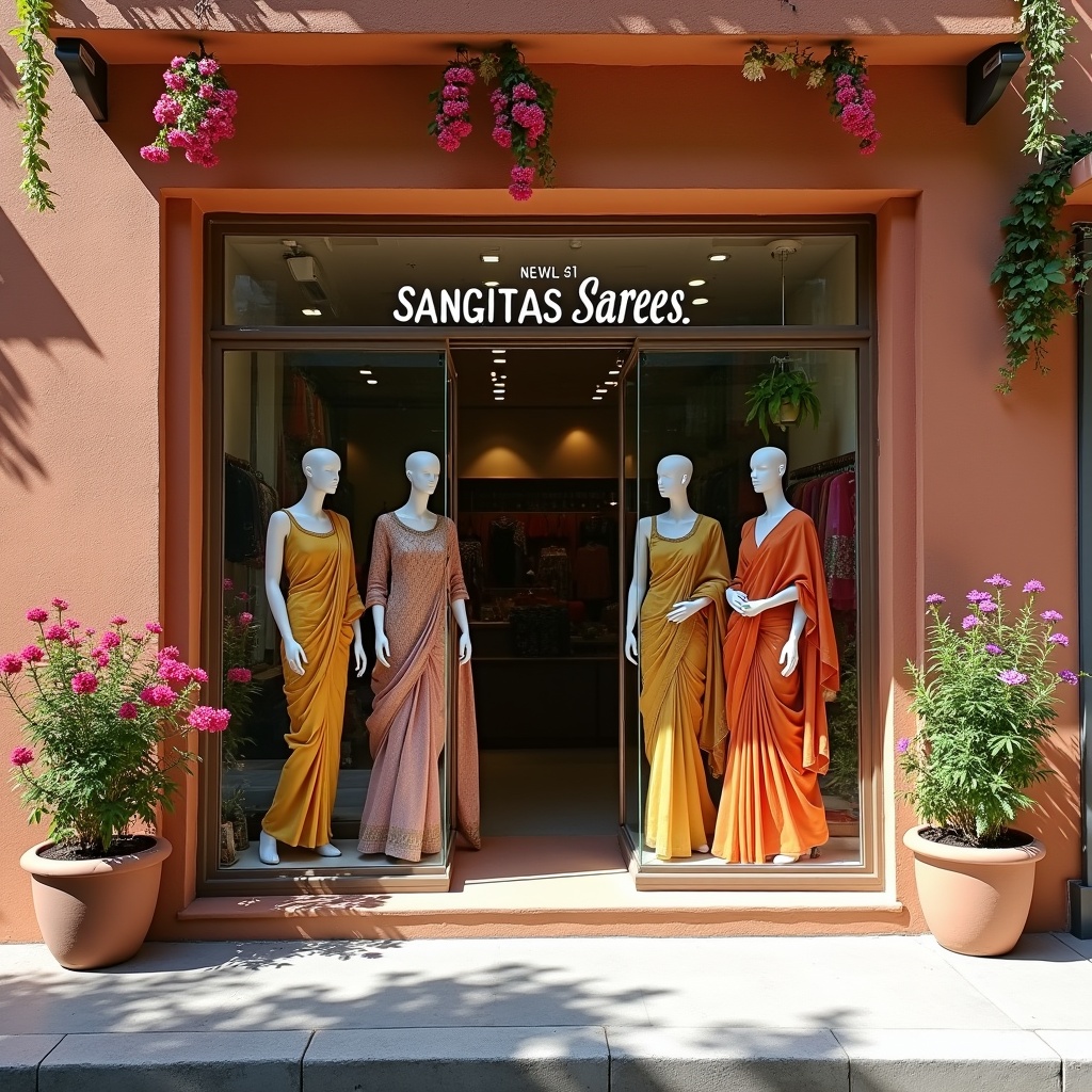 Image of the store 'Sangitas Sarees'. Storefront has three mannequins wearing sarees. Bright natural light illuminates the space. Colorful flowers and plants decorate the entrance. The facade is terracotta. This captures contemporary fashion and retail atmosphere.