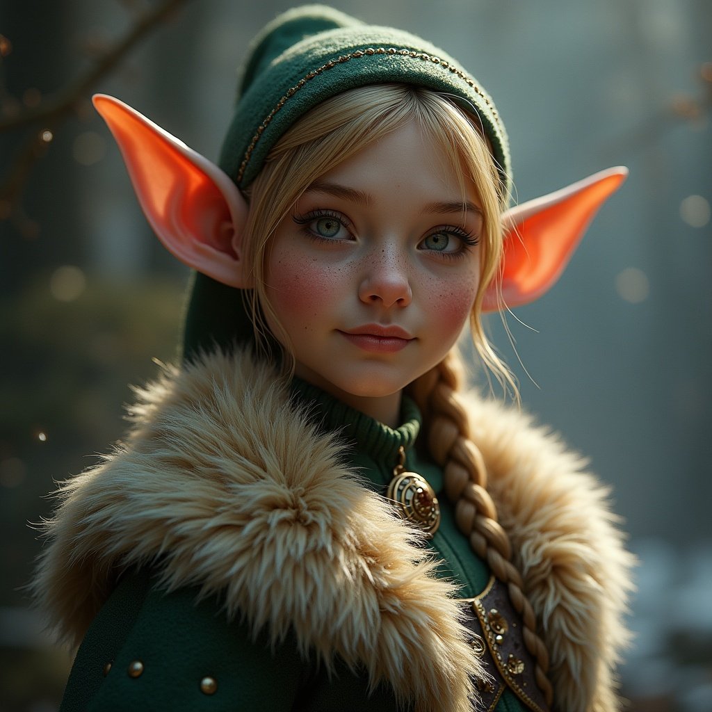 Elf character dressed in a luxurious fur coat. Elf features include large pointed ears. The background suggests a mystical, enchanted forest setting. Light enhances the fantasy atmosphere.