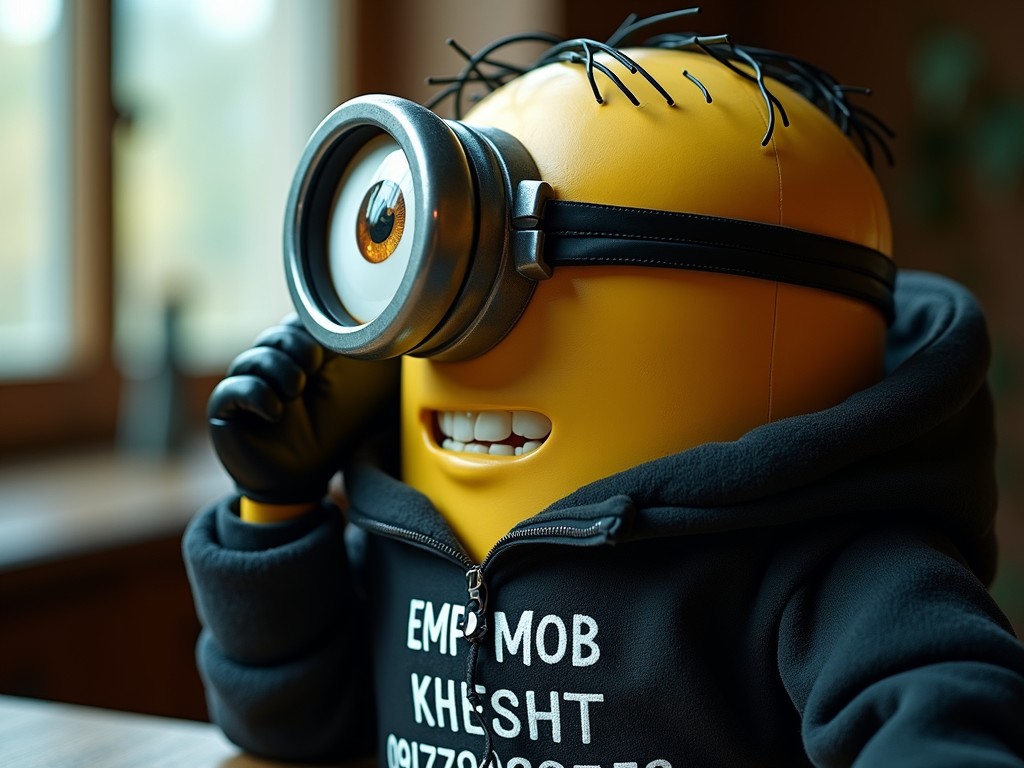 This image features a playful, yellow minion character, known from animation. The minion is wearing a black hoodie with white text and is peering through a large, metallic binocular goggle. The background appears to be a soft interior setting, possibly a room with sunlight filtering through a window, adding warmth and depth to the composition.