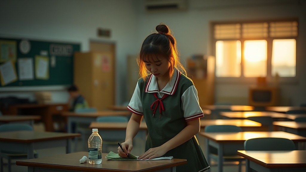 The image depicts a young student in school uniform engaged in writing at a desk in an empty classroom. The setting sun casts a warm glow through the windows, filling the room with a serene atmosphere. A bottle of water sits on the table, hinting at long hours of study.