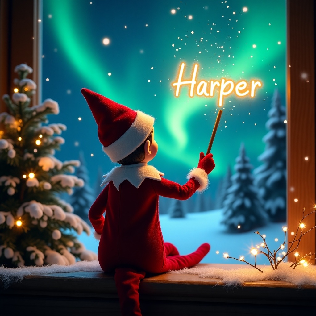 An enchanting Christmas scene featuring an elf on the shelf, who is facing the sky with his back to the viewer. Dressed in red and white, the elf wields a magic wand, writing 'Harper' in glowing script above him. The backdrop is adorned with vibrant northern lights, adding a magical ambiance. The scene is festive, embodying the spirit of Christmas with a whimsical twist. The elf's position and action create a sense of wonder and excitement, capturing the joy of the holiday season.