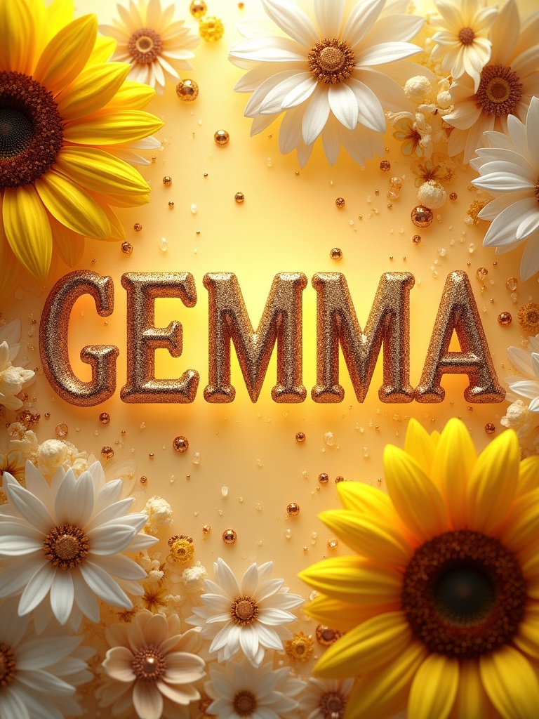 Name GEMMA displayed in sparkling bold font surrounded by golden sunflowers and white flowers with water drops and decorative elements in the background. The signature gives a vibrant and joyful look to the artwork.