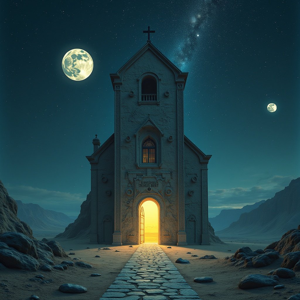 This image depicts a surreal place called Zero Rest, designed to evoke peace of mind. The building appears fantastical, set against an alien landscape. Its architecture resembles an occult church, featuring ancient inscriptions that create a labyrinth effect. The brightly illuminated entrance stands out in the dark night sky filled with stars and multiple moons. The atmosphere inspires feelings of wonder and trepidation, alluding to themes of spiritual evolution and encounters with the unknown. This artwork beautifully blends fantasy and science fiction elements.