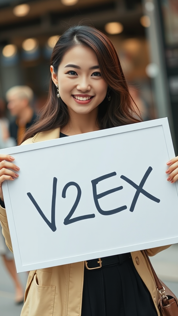 A smiling individual holds a white board displaying 'V2EX,' standing in a bustling urban environment.