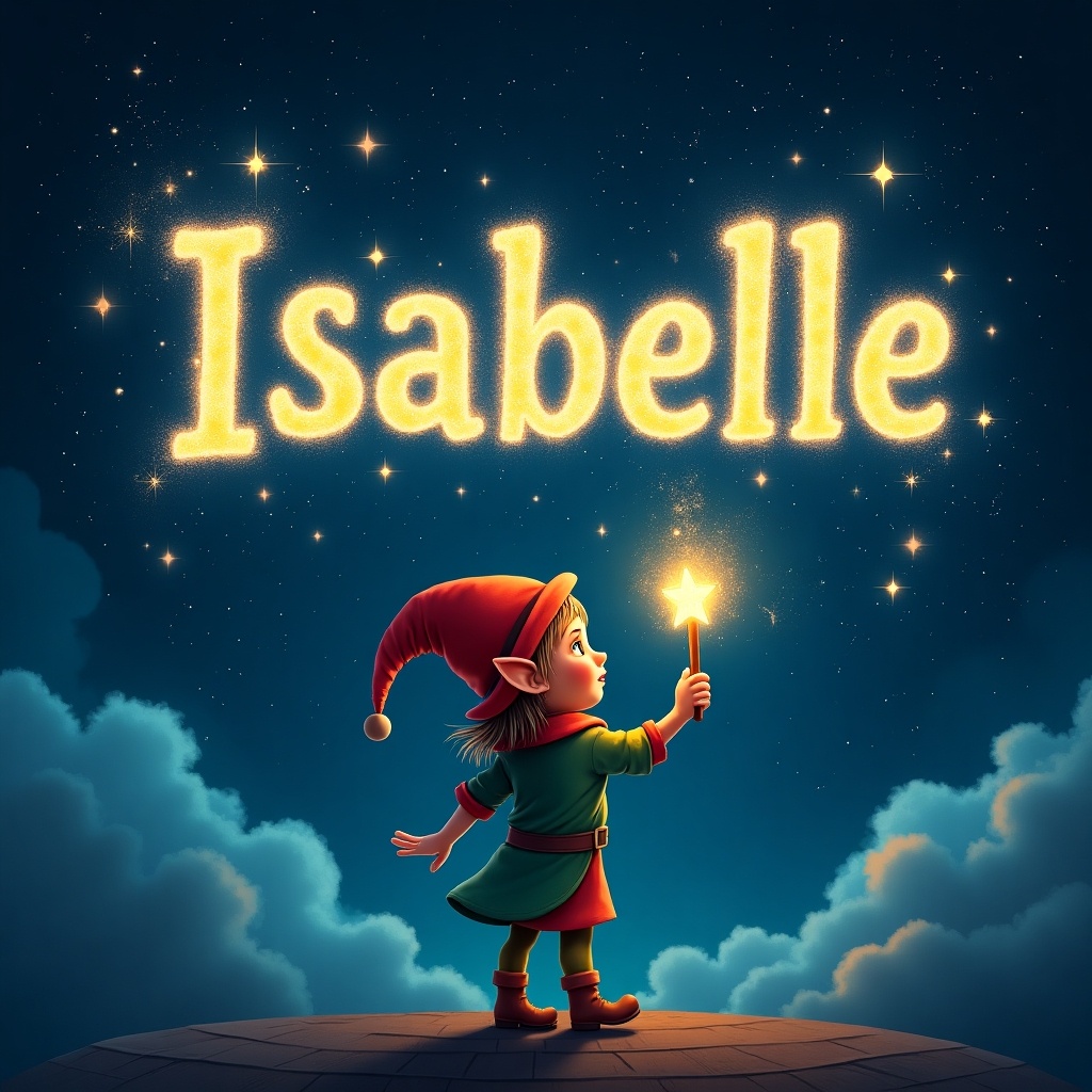 An elf uses a magical wand to write the name 'Isabelle' in bright sparkling text against a starry sky. Dark clouds enhance the luminous letters. The elf wears colorful clothing creating a whimsical atmosphere. Twinkling stars add to the magical effect.