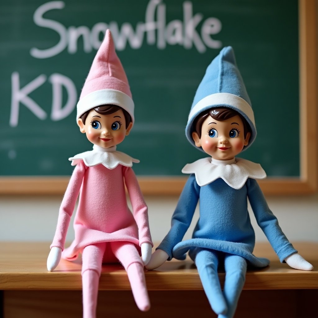 Image of two Elf on the Shelf dolls. One is pink and female. One is blue and male. They are in a classroom setting. A chalkboard displays the words 'Snowflake' and 'KD.'