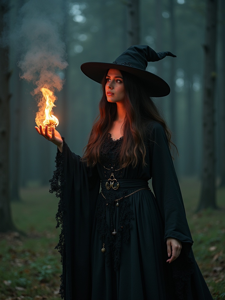 A witch casting a spell in a dark forest. The witch wears a long black dress and a tall pointed hat. She holds a glowing orb of fire in her hand. The background features tall foggy trees creating a mystical look.