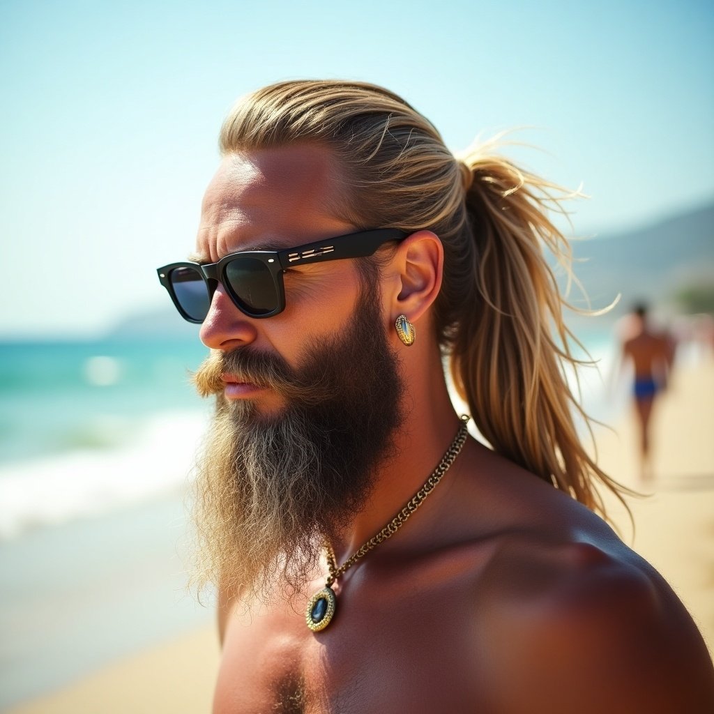 Portrait of a man by the beach. Man has a long blonde ponytail and beard. He wears sunglasses and a round earring. Beach setting with golden sand and blue sea in the background.