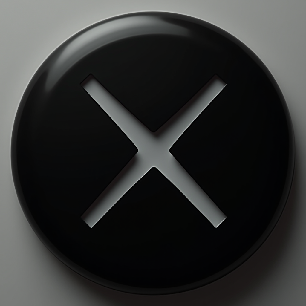 A glossy black button featuring a stylized white X symbol in the center.