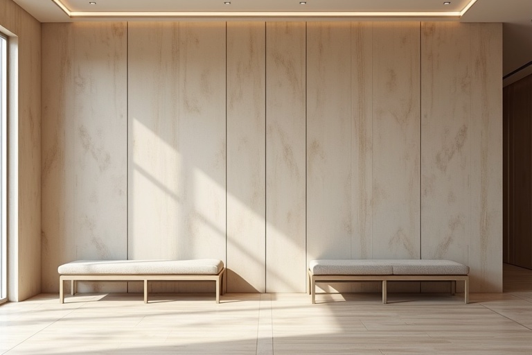 A wide and tall wall in a reception area. Two benches with soft cushions placed in front of the wall. Natural light illuminating the space. Clean and modern design elements.