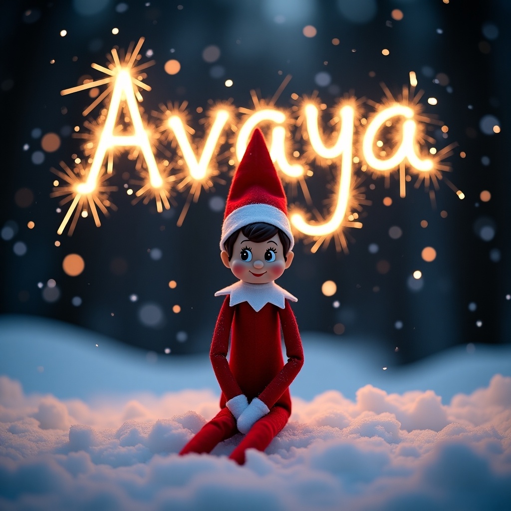 The image showcases an Elf on the Shelf sitting on a bed of snow. It's a wintry night scene, illuminated by soft ambient light. In the background, a name 'Avaya' is written in sparkling lights created by sparklers. The elf has a cheerful expression and is dressed in classic red and white attire. The snowflakes gently fall around the scene, adding to the magical feel of the image. The combination of the elf, the snow, and the sparkling name creates a festive holiday atmosphere.