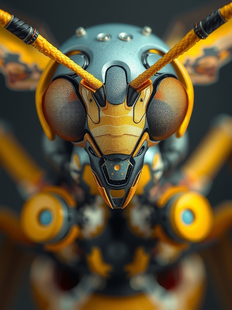 The image depicts a highly detailed, futuristic robotic insect with vibrant metallic colors. The focus is on the intricate design of the head, emphasizing geometric patterns and a blend of textures that mimic both technology and nature. The use of strong yellows and oranges contrasts with the metallic hues, creating an eye-catching and dynamic visual.