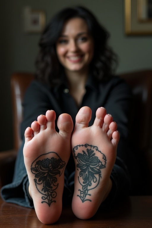 Mature goth woman shows tattooed soles of bare feet. She's wearing dark goth clothes and sitting on a chair. Feet are on the table. She's smiling.