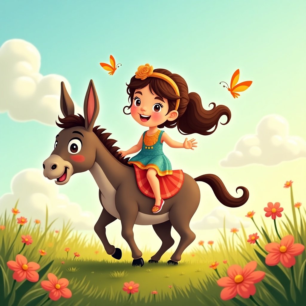 A cheerful animated girl rides a friendly donkey. The girl wears a bright outfit and has flowers in her hair. Butterflies flutter around. The background features a sunny sky and flowers in a field.