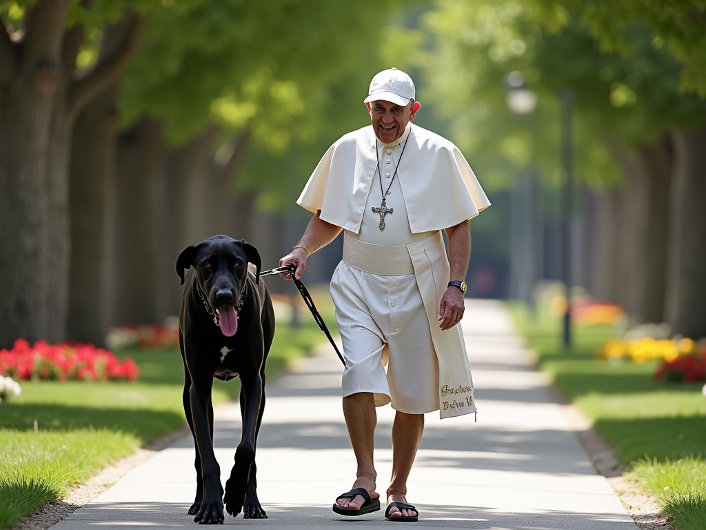 A smiling man dressed in white religious attire takes a leisurely walk with a large black dog along a tree-lined path. The bright green of the trees and the colorful flowers on the side complement the serene and joyful atmosphere. The sun casts a gentle light, highlighting the harmonious bond between man and pet.