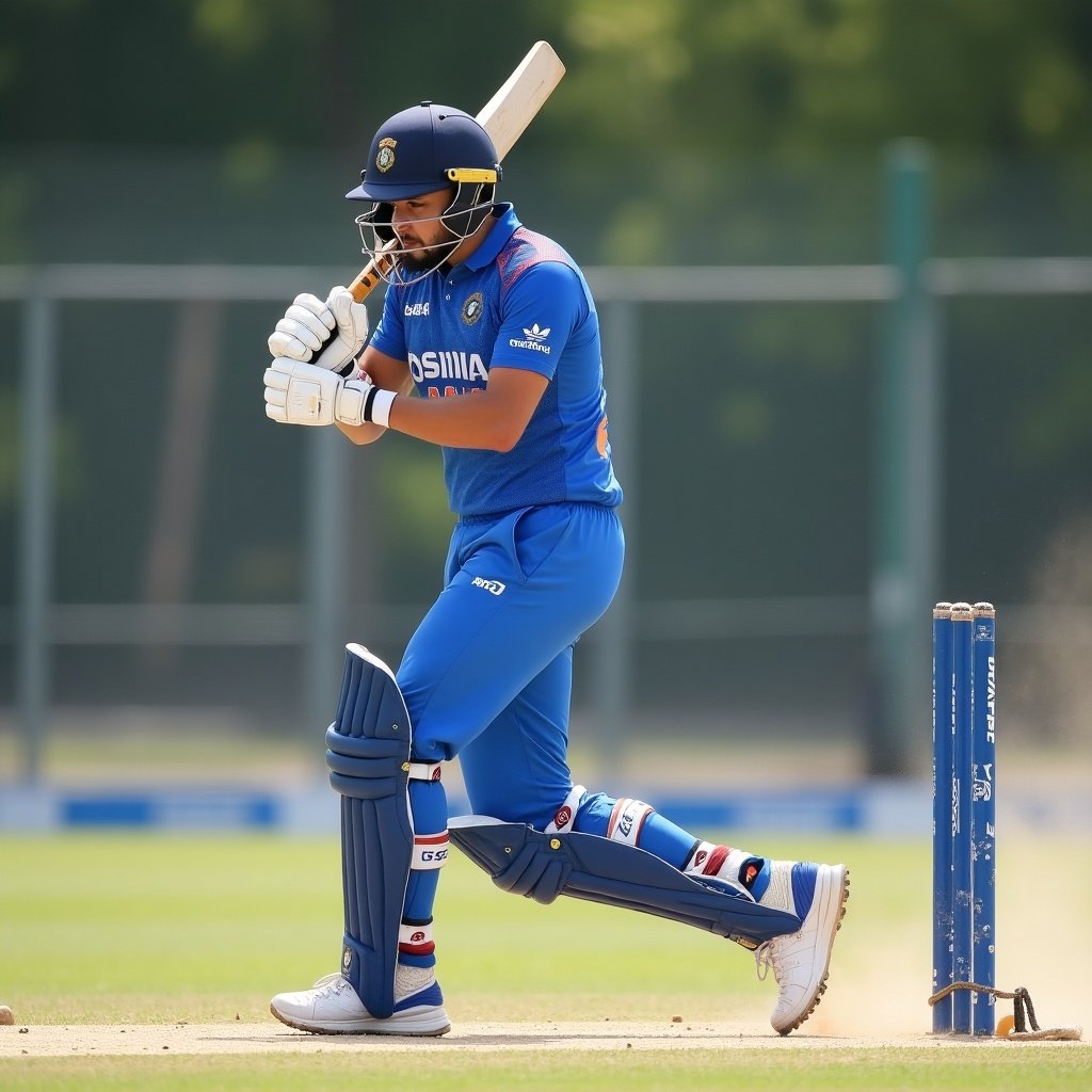 Cricket player shows focus mid-swing in blue uniform. Background includes a netted fence and dust, creating a dynamic sports environment.