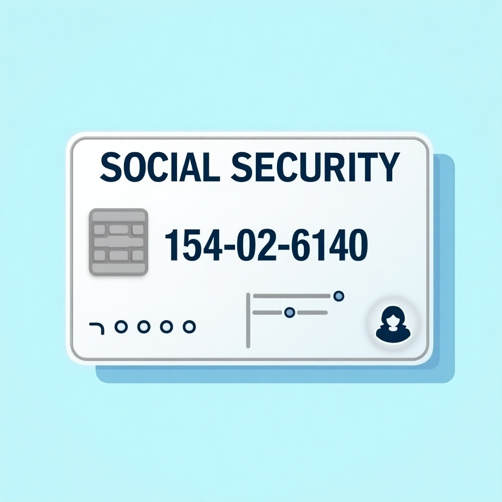 Generic social security card depicted. Text 'SOCIAL SECURITY' prominently featured. Key numbers '154-02-6140' displayed. Graphic chip shown. Decorative elements indicating official nature. Soft blue background enhances visual appeal. Professional and clean design indicating importance of identification.