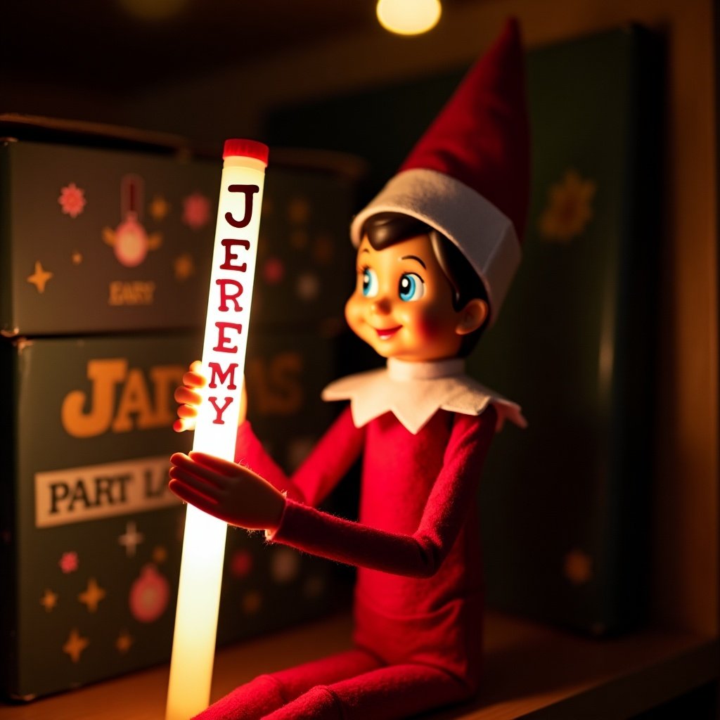 Elf on the Shelf is joyfully holding a glow stick. Glow stick has the name Jeremy spelled correctly. Elf is smiling and surrounded by holiday decorations.