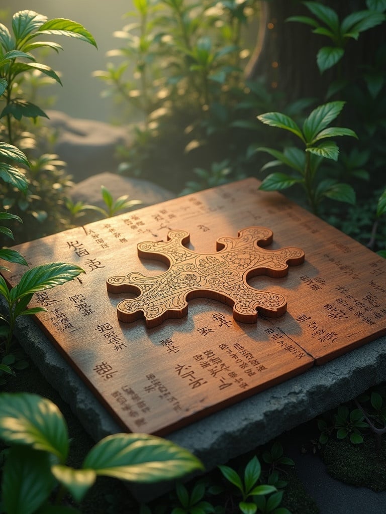 Exotic wooden tangram puzzle pieces carved with ornate Asian motifs are scattered across a polished stone tablet which has etched Chinese calligraphy. The scene is surrounded by lush greenery and mist creates atmospheric effects. This evokes a mystical, ancient Asian feeling. The image has a deep color palette with nuanced textures. The golden lighting enhances the visuals. The quality is reminiscent of 8K resolution and Unreal Engine 5.