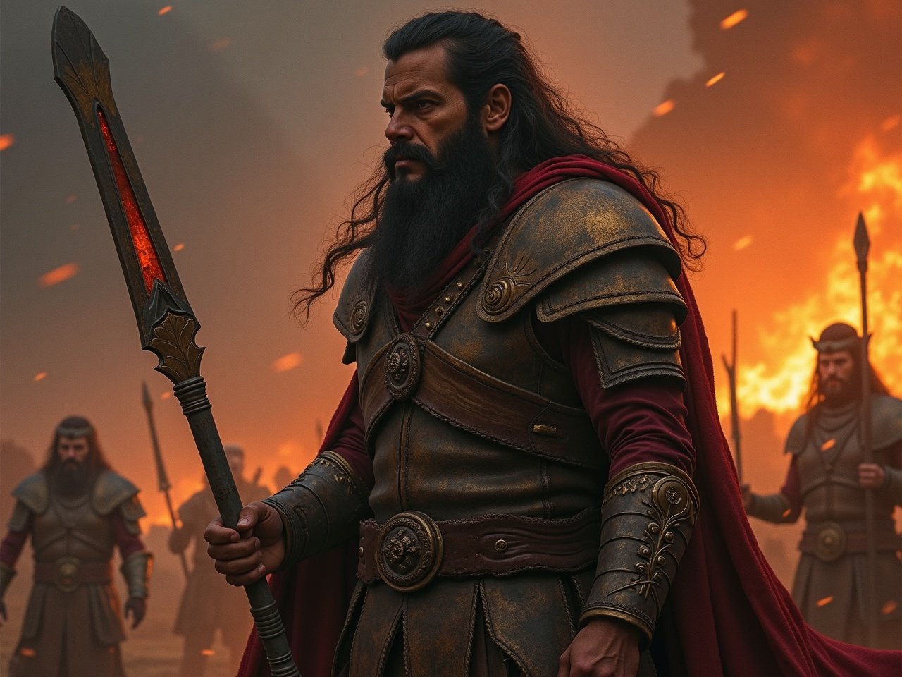 The scene portrays a rugged warrior standing boldly in the midst of chaos. He holds a gleaming spear, embodying strength and determination. The background is ablaze, illuminating his ornate armor. Other warriors are visible, suggesting a larger battle. This imagery evokes a sense of ancient mysteries wrapped in heroic tales, fitting for a fantasy narrative.