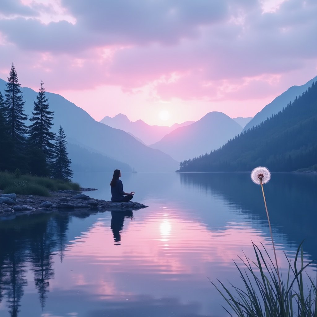 This image captures a serene lake reflecting a calming sky filled with purple and blue tones. In the foreground, a person is meditating by the water's edge, embodying peace and tranquility. The lush green trees and distant mountains create a breathtaking backdrop. A delicate dandelion floats on the water's surface, symbolizing inner peace. The overall scene evokes a sense of calmness and stillness, inviting viewers to reflect and relax.