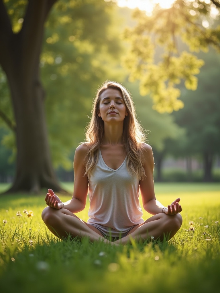 A person sits cross-legged outside in nature. They meditate with eyes closed. Tranquility and focus are evident. Natural greenery surrounds them. Soft sunlight shines through the trees. Captures mindfulness and connection with nature.