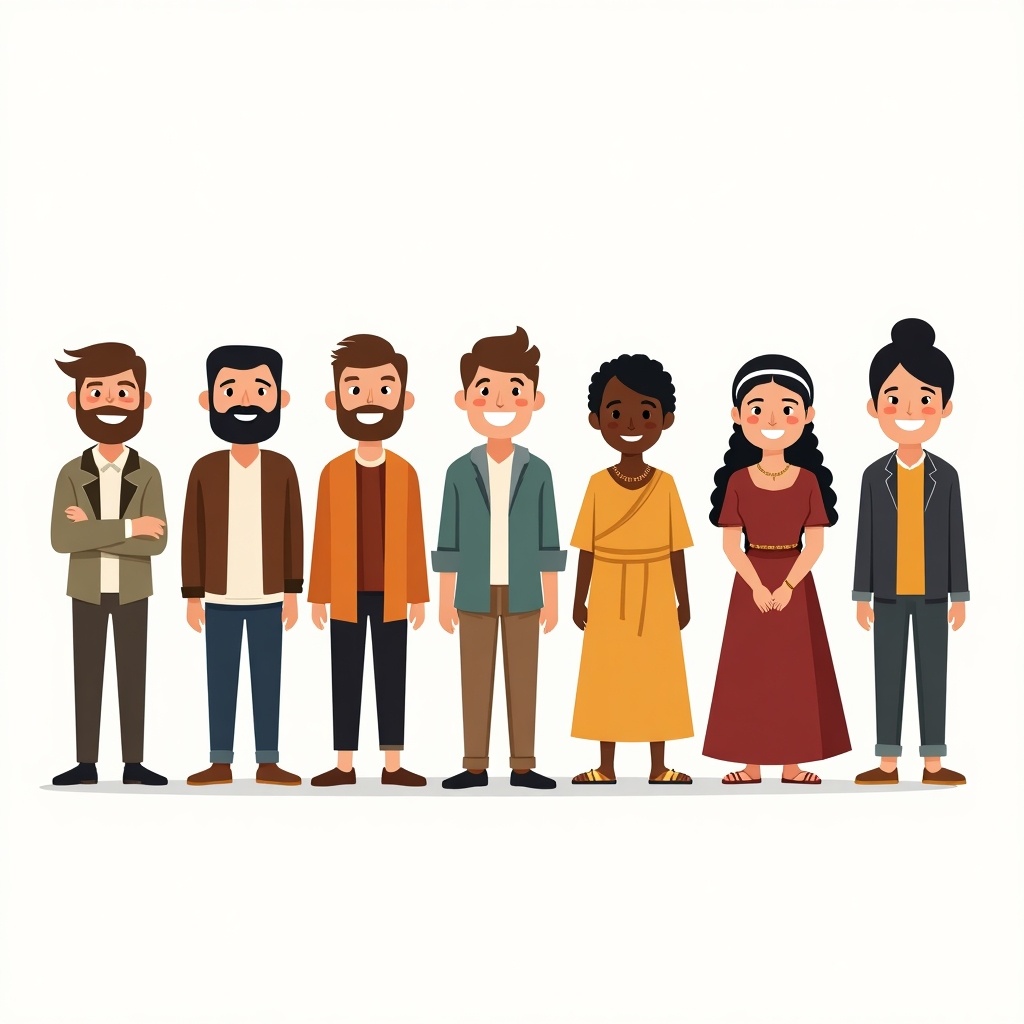 A group of eight diverse cartoon characters standing in a line. They are drawn in a flat, simplistic style. Each character wears different clothing, including both traditional and modern attire. Some wear formal clothes while others don cultural garments. They all have friendly expressions, reflecting community and teamwork.