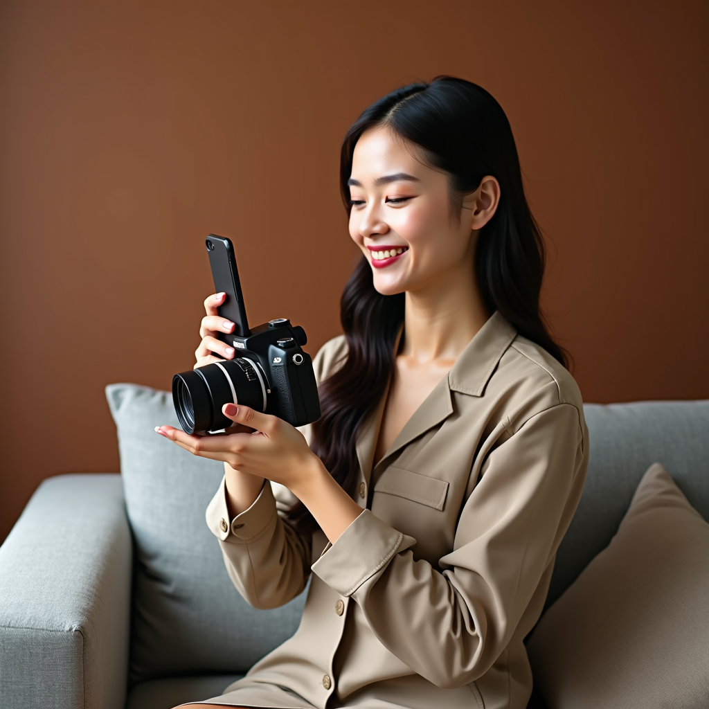 A woman sits on a couch, smiling as she interacts with a camera, set against a warm brown background.