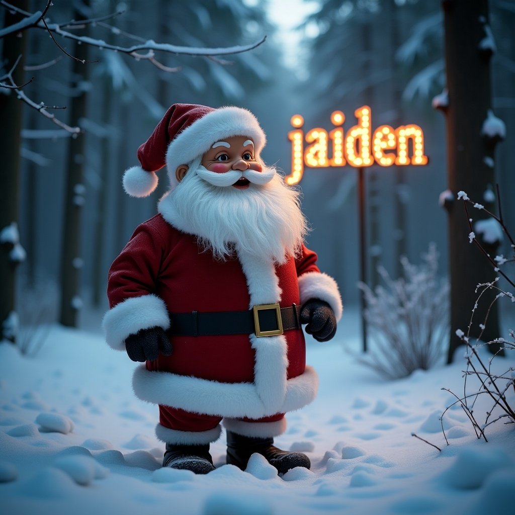 Santa Claus figure stands in snowy forest. Magical atmosphere surrounds the scene. Name jaiden glows in lights.