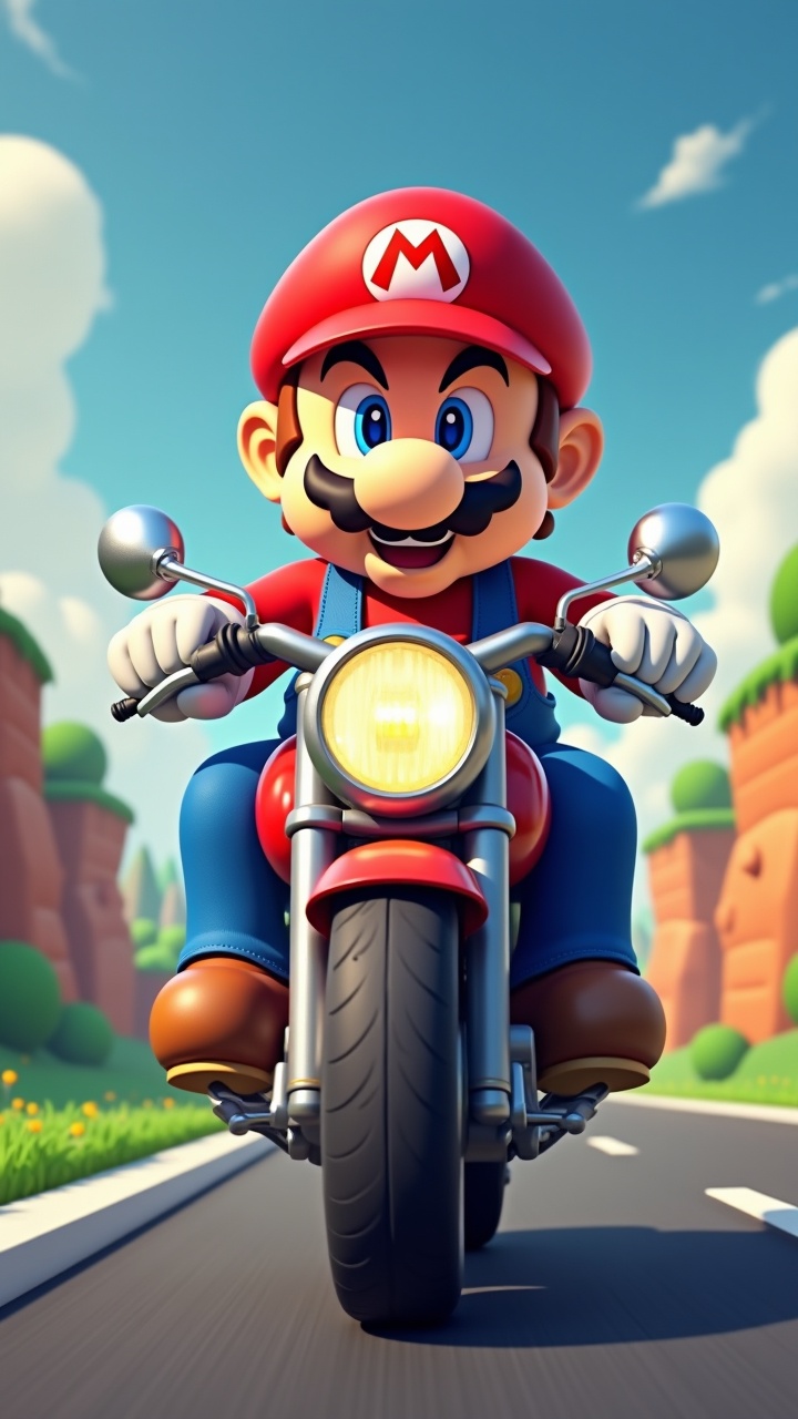 Cartoon character on a motorcycle, riding on a sunny day through a colorful landscape.