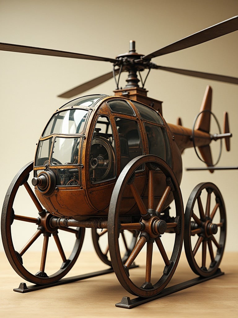 A detailed steam boiler powered helicopter model designed like Leonardo Da Vinci's inventions. It features wooden and leather materials with tin elements. The helicopter has four wagon wheels serving as landing gear. The model is intricately crafted with realistic textures and finishes.