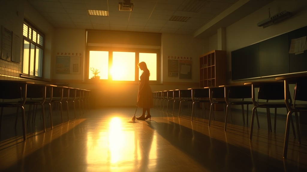 In a dimly lit classroom, a lone figure sweeps the floor while bathed in the golden glow of the setting sun. The long shadows stretch across the polished floor, creating an atmosphere of solitude and introspection. Rows of empty desks line the room, evoking a sense of abandonment and stillness.