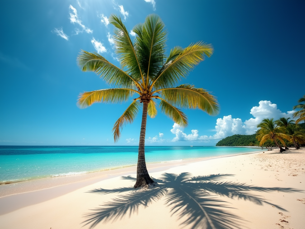 A palm tree stands on a serene beach with crystal-clear turquoise water and a vibrant blue sky.