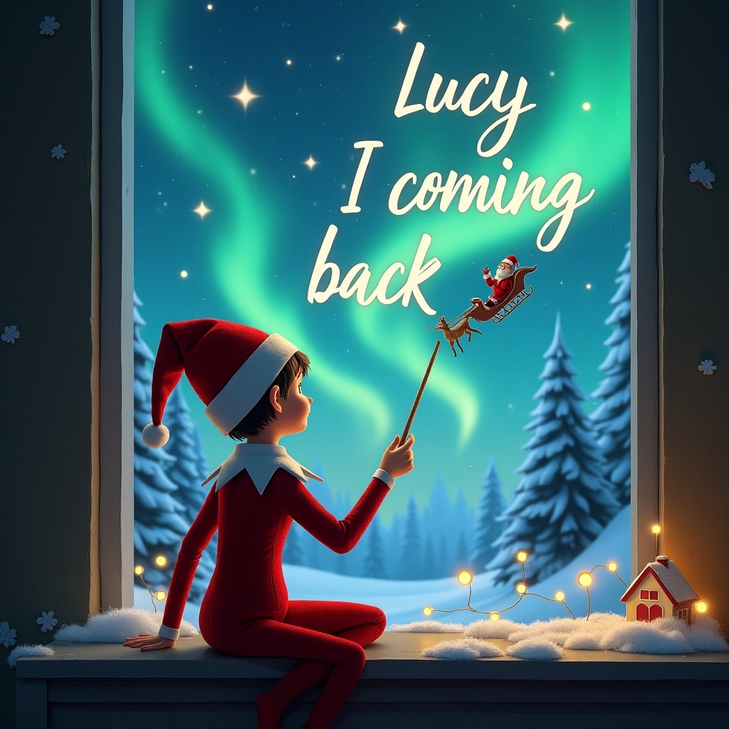 The image features an elf on the shelf with his back to the viewer, gazing out a window into a magical Christmas night. He is using a wand to write 'Lucy I’m coming back' in the sky. The background displays beautiful Northern Lights illuminating the scene. Snow-covered trees can be seen outside, creating a winter wonderland. The room is cozy and decorated for Christmas, enhancing the festive atmosphere.