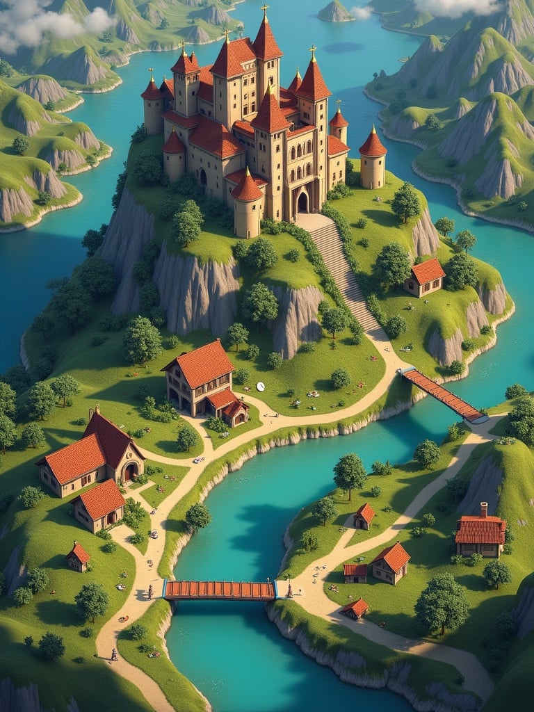 Colorful fantasy game map features a castle among landmarks in a river setting. Aerial perspective displays paths and greenery around structures. Landscape includes mountains, water, and small buildings. A peaceful village street lined with houses. A young knight appears.