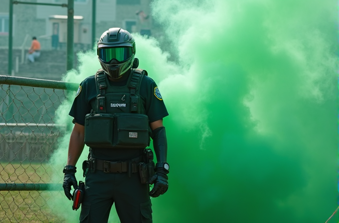 A person in tactical gear stands in front of a cloud of green smoke near a metal fence.