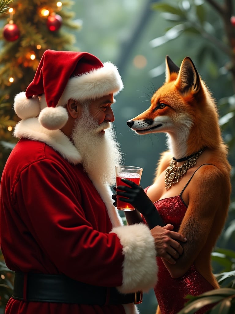 Feminine fox enjoys drinks and dances with Santa Claus in a festive jungle setting. The atmosphere is decorated with Christmas ornaments and lights. Warm interaction showcases holiday spirit.